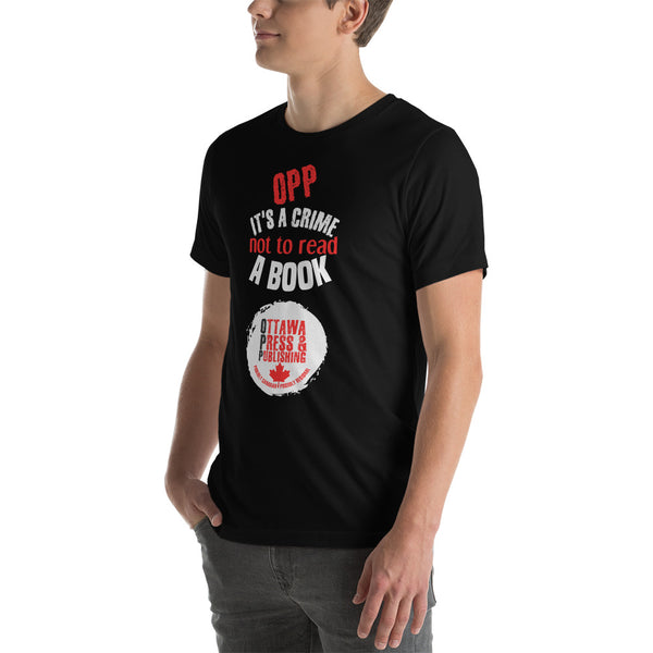 “OPP IT’S A CRIME NOT TO READ A BOOK” RED AND WHITE LOGO ON BLACK (UNISEX T-SHIRT) (Sizes: S-5x)