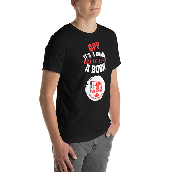 “OPP IT’S A CRIME NOT TO READ A BOOK” RED AND WHITE LOGO ON BLACK (UNISEX T-SHIRT) (Sizes: S-5x)