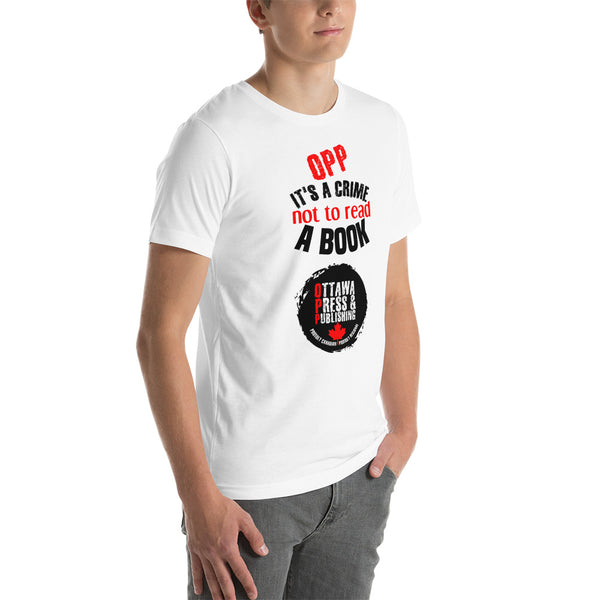“OPP IT’S A CRIME NOT TO READ A BOOK” BLACK AND RED LOGO ON WHITE (UNISEX T-SHIRT) (Sizes: S-5x)