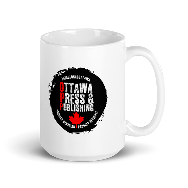 OPP BLACK RED AND WHITE LOGO ON WHITE GLOSSY MUG 15 OZ